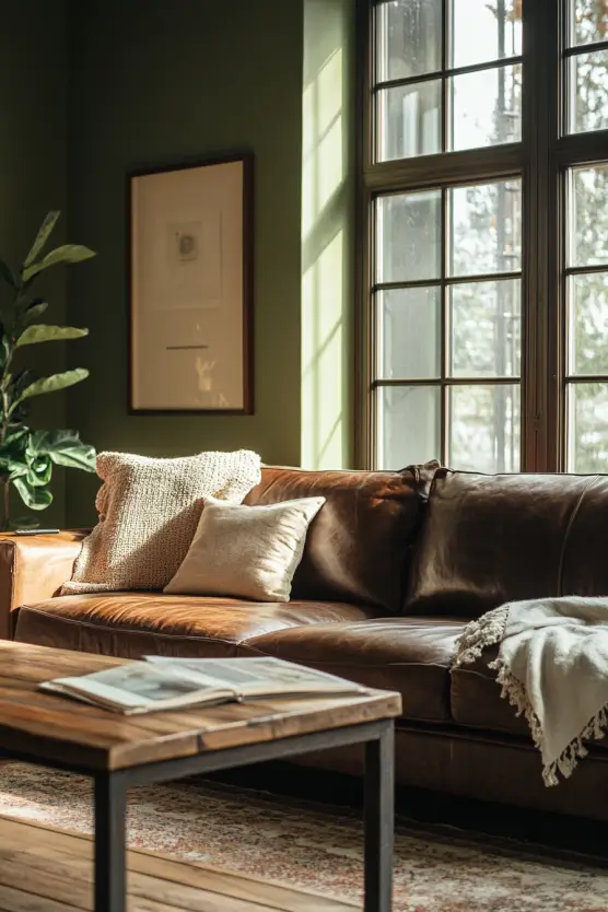 Green Living Room Brown Sofa