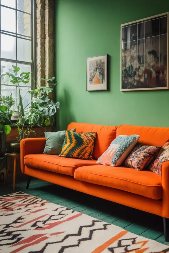 Green Living Room Orange Sofa