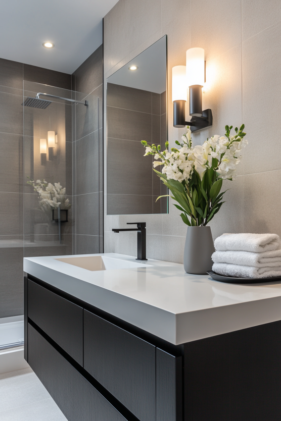 Black Vanity with White Countertops