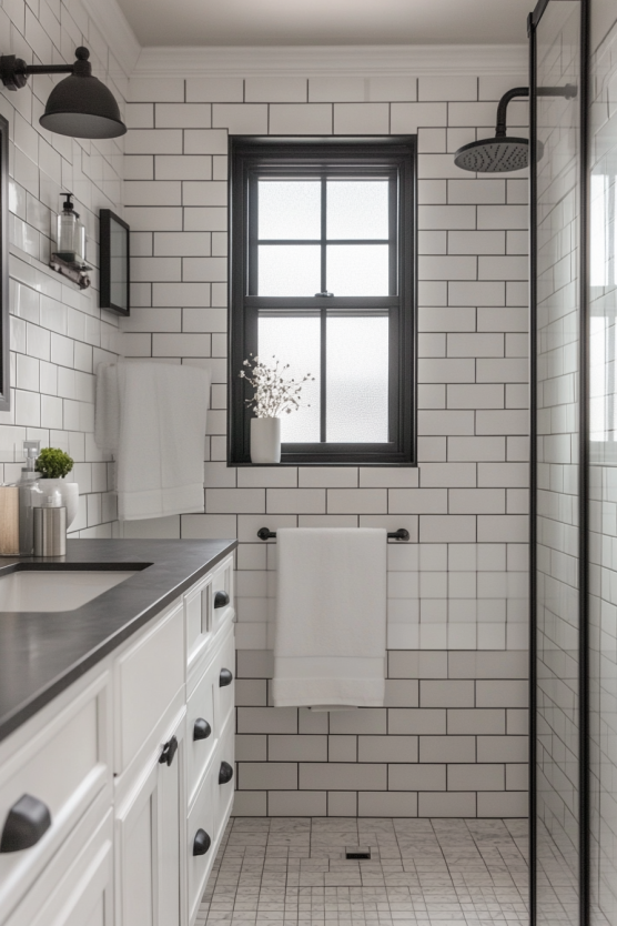 White Subway Tiles with Black Grout